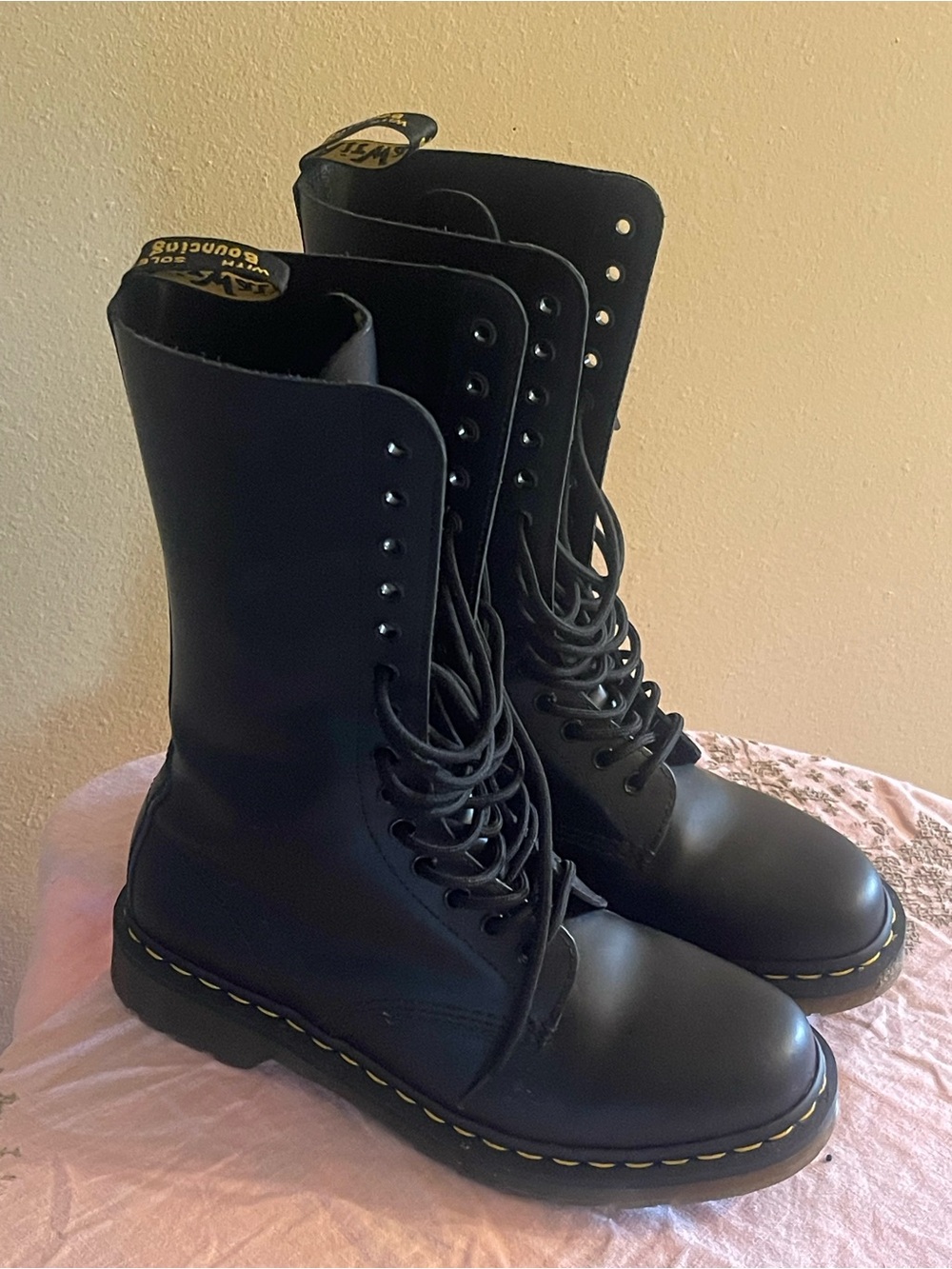 Dr. Martens Black Leather Lace-Up Boots with Yellow Heel Loop